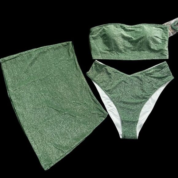 Victorias Secret Pink Swim Shimmer Padded Bikini top , Bottom and skirt Set L - Picture 1 of 5